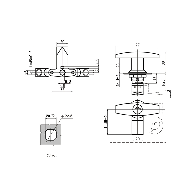 MS305-1H låsekjerne industrihåndtak Låser med håndtak av sinklegering MS305-1H låsekjerne industrihåndtak Låser med håndtak av sinklegering